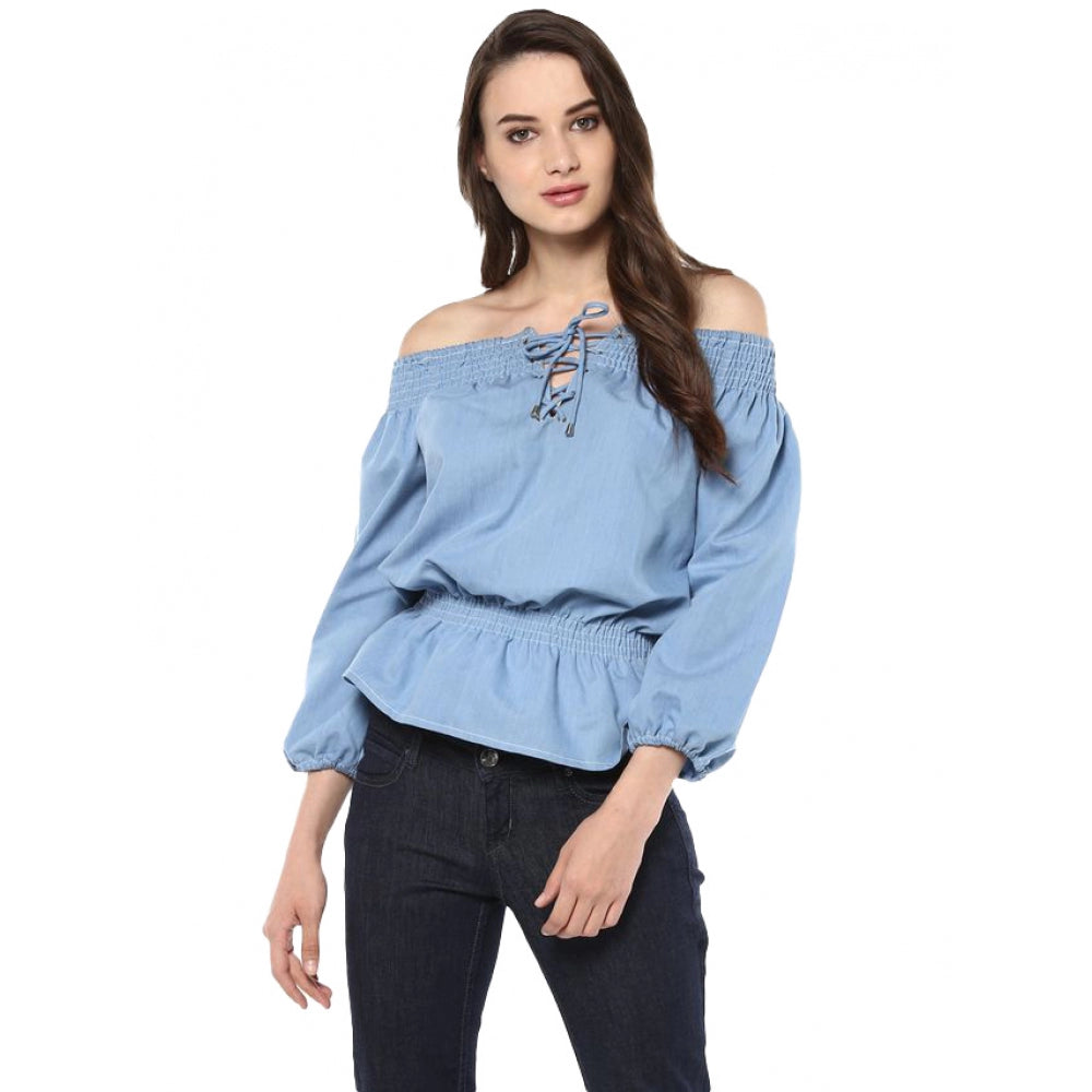 Blue denim solid 3/4th sleeves off-shoulder top on model