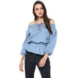 Blue denim solid 3/4th sleeves off-shoulder top on model