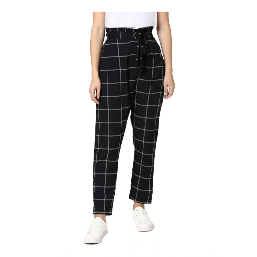 Black & white checkered polyester elastic trousers for women, stylishly elasticated waist