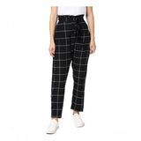 Black & white checkered polyester elastic trousers for women, stylishly elasticated waist