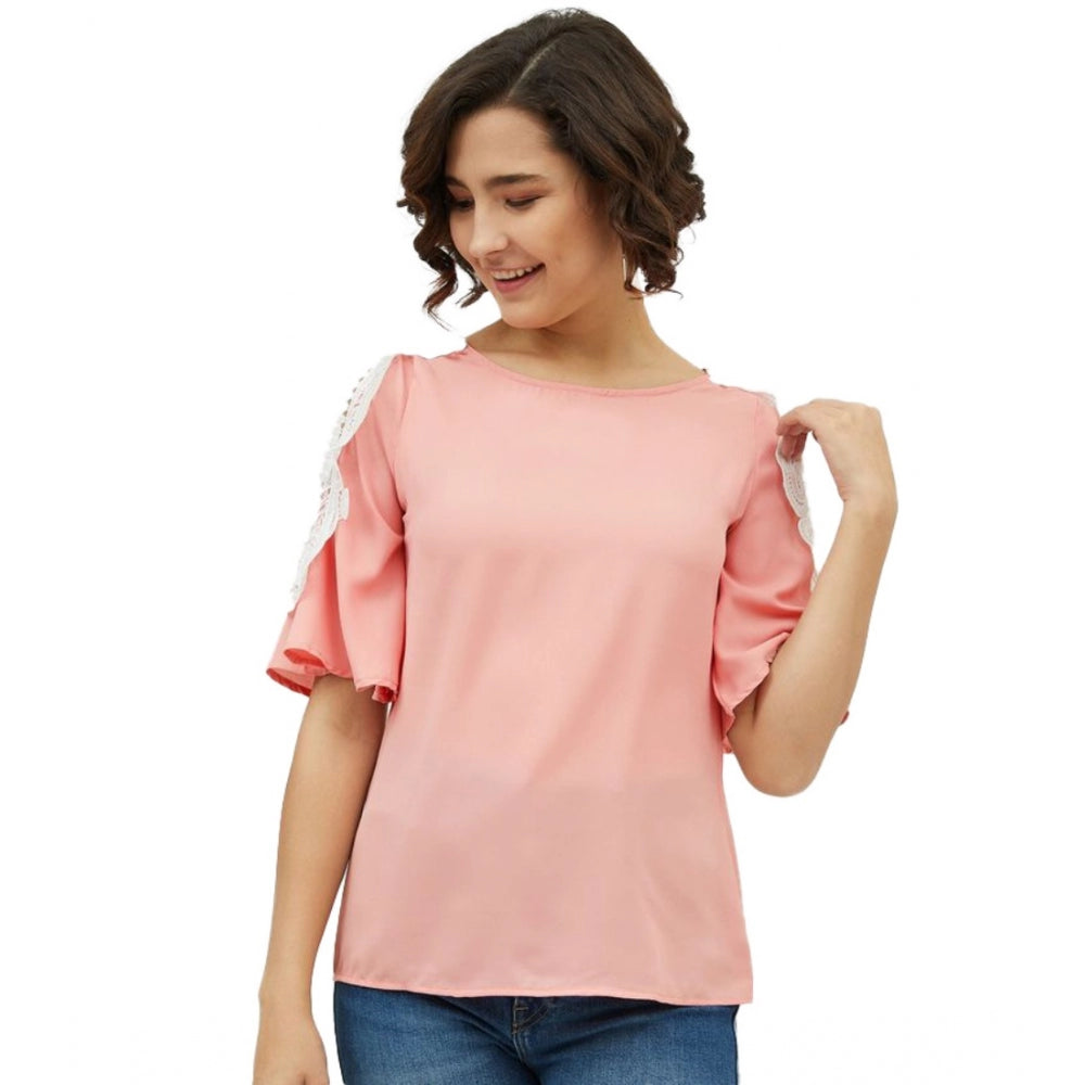 Pink polyester lace cold shoulder top with round neck, fashionable women's clothing for summer wardrobe