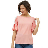 Pink polyester lace cold shoulder top with round neck, fashionable women's clothing for summer wardrobe