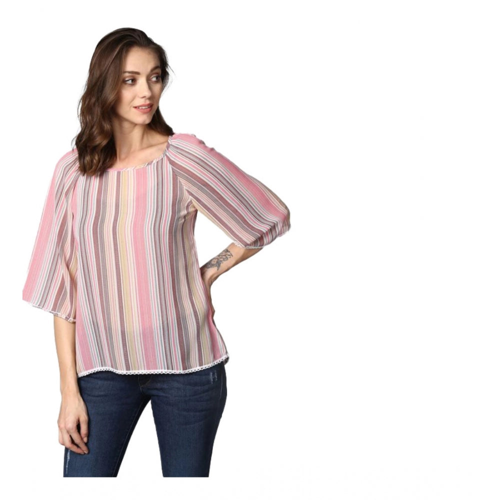 Women's striped pink polyester 3/4th sleeves top, round neck, fashionable apparel for casual wear