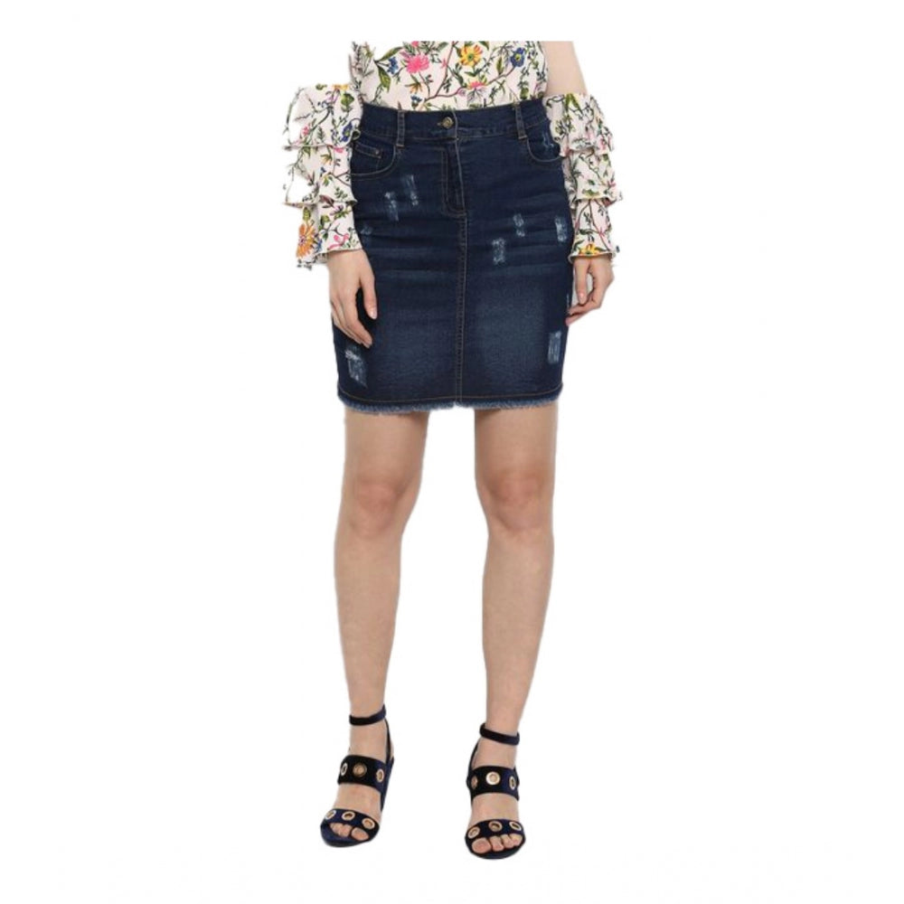 Blue denim distressed buttoned skirt for women, durable and fashionable