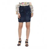 Blue denim distressed buttoned skirt for women, durable and fashionable