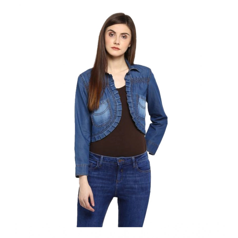 Blue denim pleated 3/4-sleeve shrug for women, casual style with collar