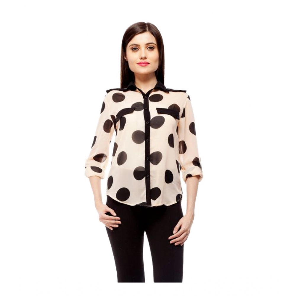 Peach polyester polka roll-up sleeve standard length shirt for women - casual fashion on hanger