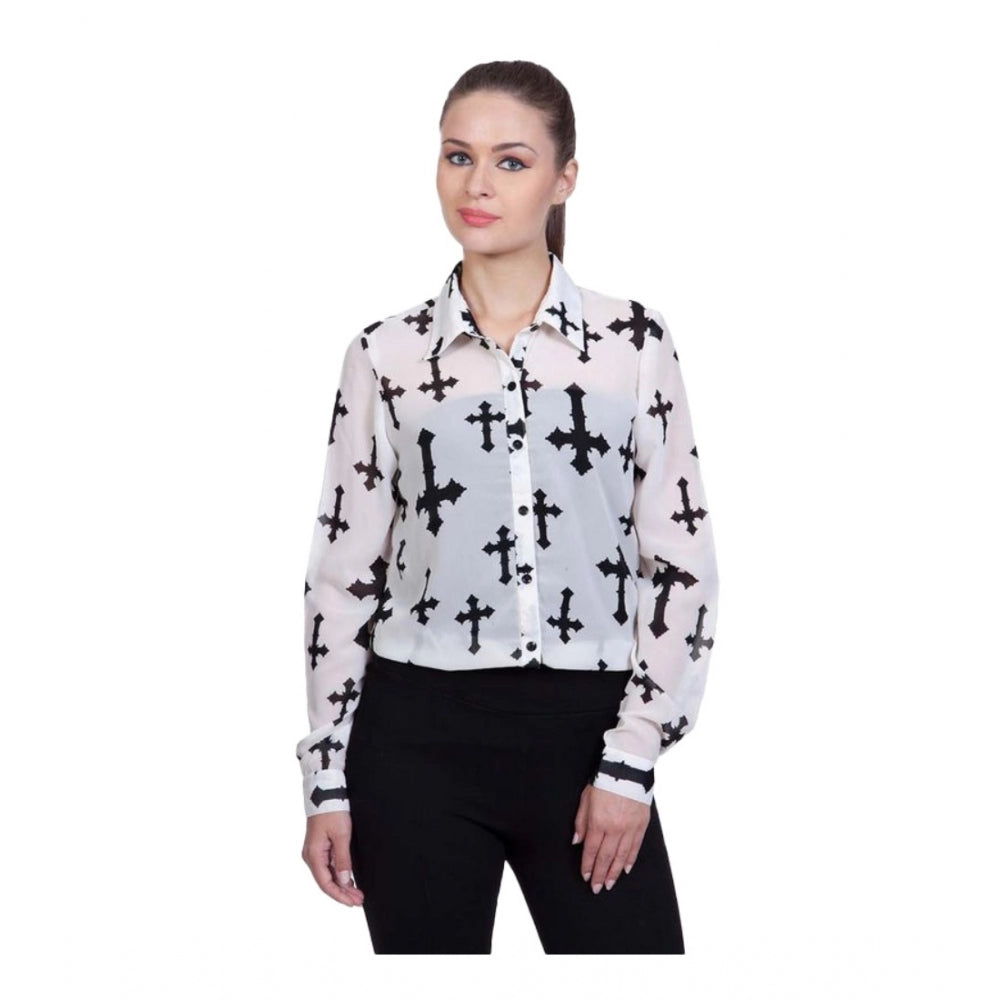 White polyester printed long-sleeve shirt with standard length, featuring colorful design on collared neck