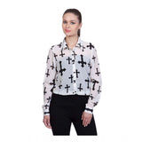 White polyester printed long-sleeve shirt with standard length, featuring colorful design on collared neck