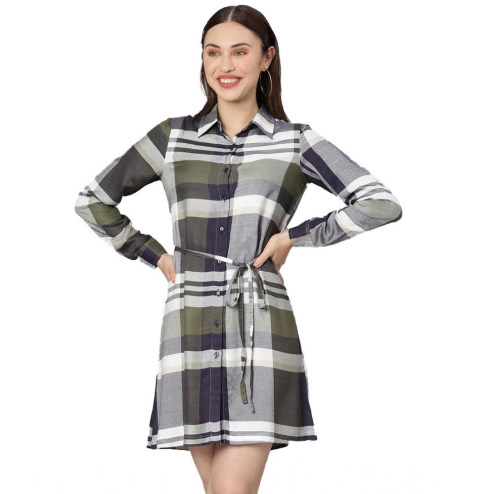 Olive and white plaid womens dress, long sleeves, above knee length