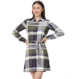 Olive and white plaid womens dress, long sleeves, above knee length