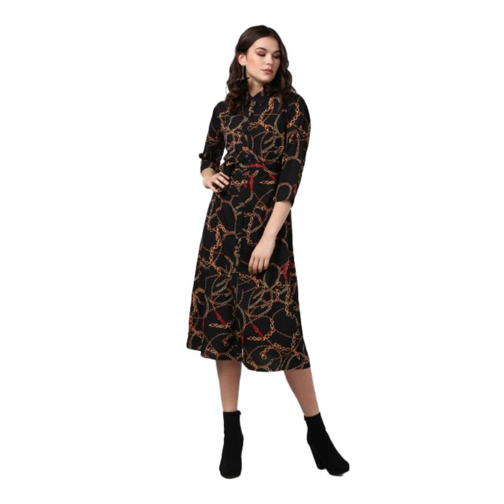 Women's black roll up sleeve below knee length dress with yellow chain print polyester material