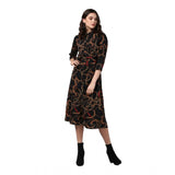 Women's black roll up sleeve below knee length dress with yellow chain print polyester material