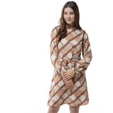 Brown and white checkered long-sleeve dress in polyester fabric for women's, above knee length