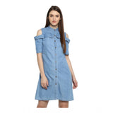 Ladies denim blue solid dress with cold shoulder above knee style