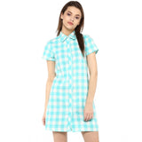 Womens rayon checkered short sleeve above knee dress blue and white