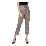 Women's white-yellow polyester animal print elasticated trousers, vibrant pattern on display