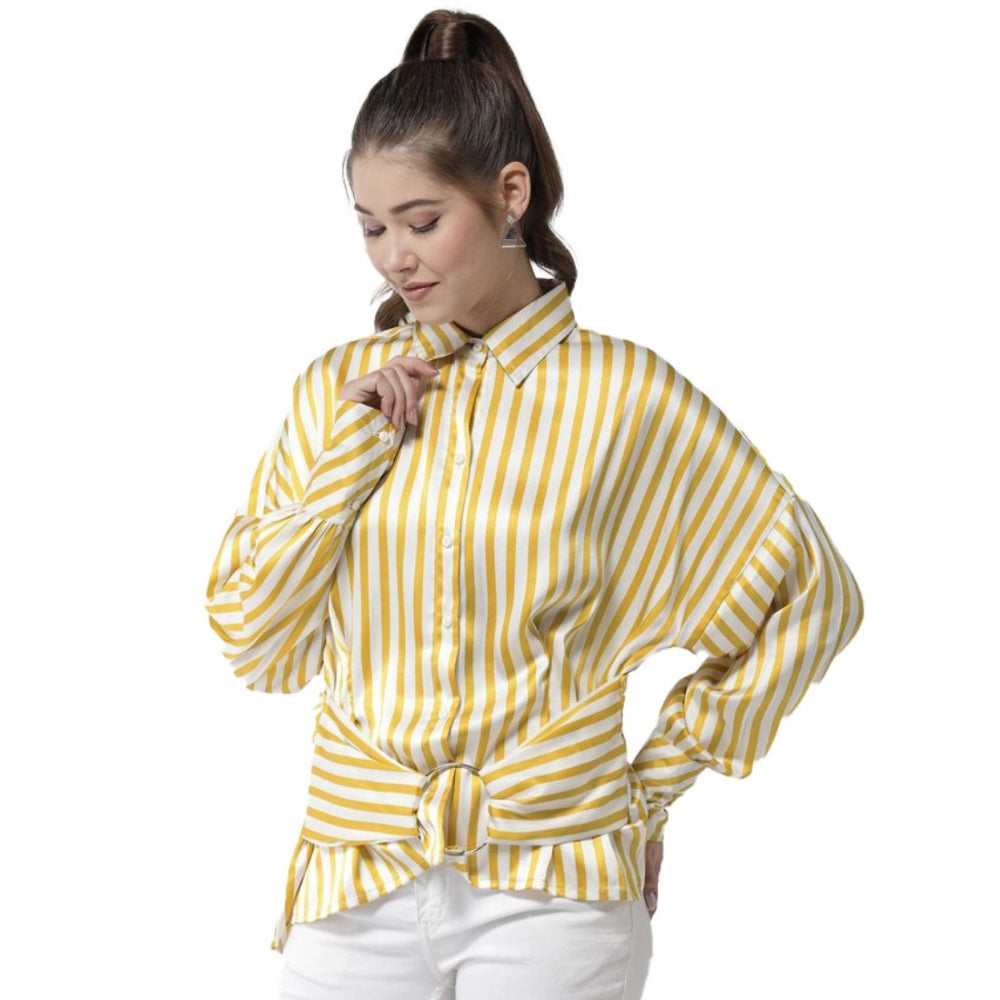 Women's yellow striped polyester long sleeves top for casual wear, close-up view of details