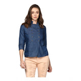 Blue denim women's 3/4 sleeve solid top on model