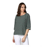 Green polyester printed women's 3/4th sleeves top, round neck, vibrant pattern detail