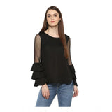 Black polyester solid tier sleeve top for women's fashion, round neck design on mannequin