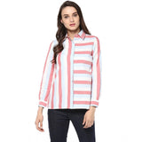 Red striped cotton roll-up sleeve top for women - versatile casual wear