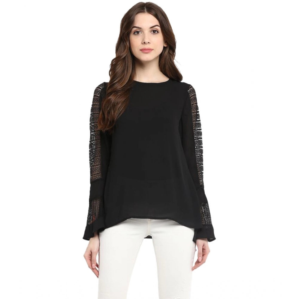 Black polyester georgette bell sleeve top with self-design pattern