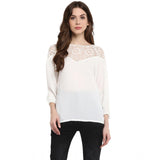 White polyester georgette self-design 3/4 sleeves regular top