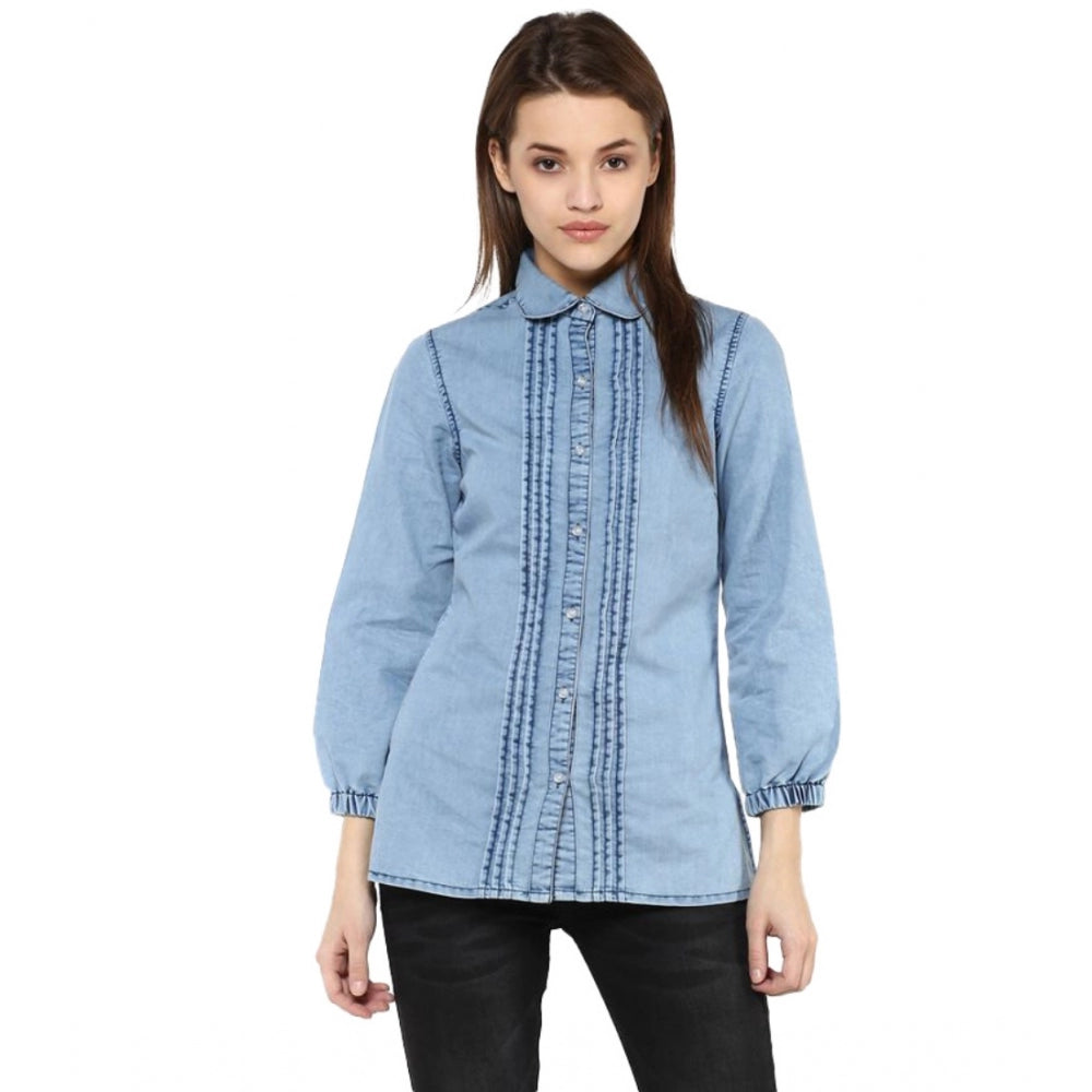 Blue denim solid 3/4th sleeves shirt for women, standard length, casual wear