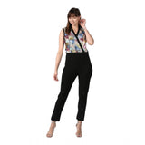 Womens black polyester sleeveless jumpsuit with colorful embroidery