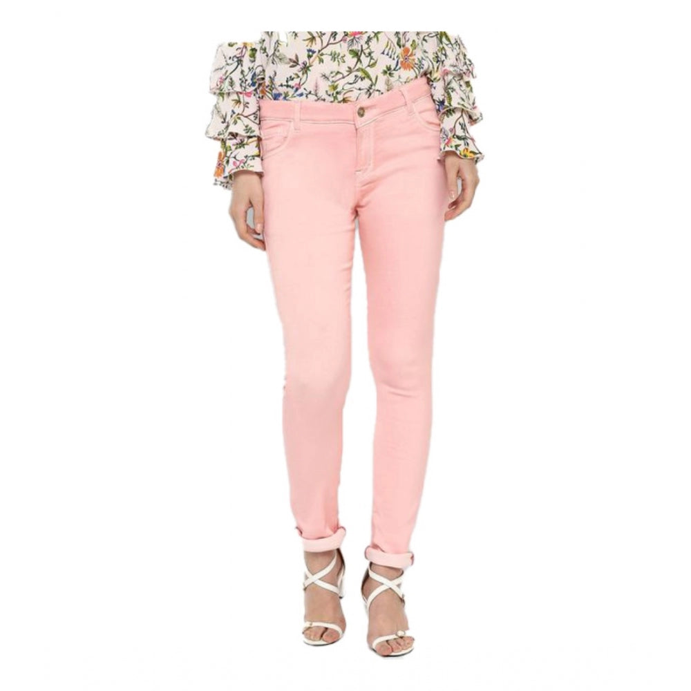 Pink denim women's solid buttoned jeans, versatile wardrobe staple for casual style