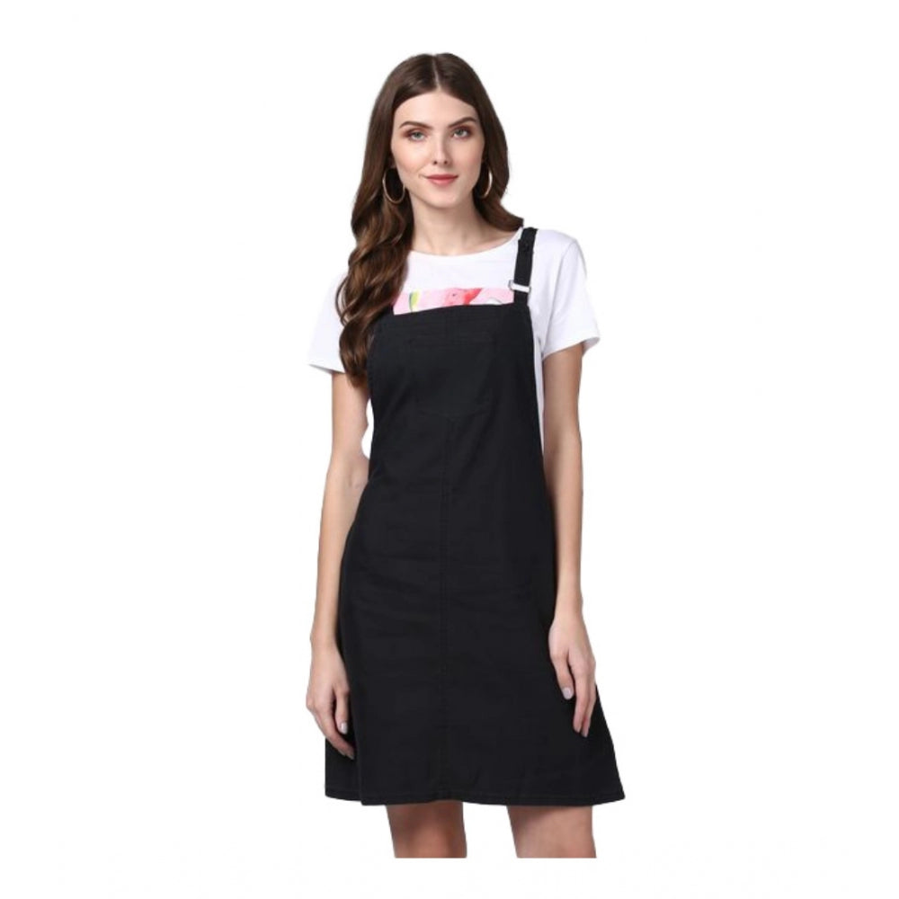 Black denim solid shoulder strap dungarees, women's above-knee style