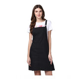 Black denim solid shoulder strap dungarees, women's above-knee style