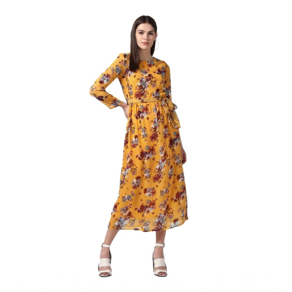 Long sleeves yellow women's dress, polyester floral pattern, calflength style