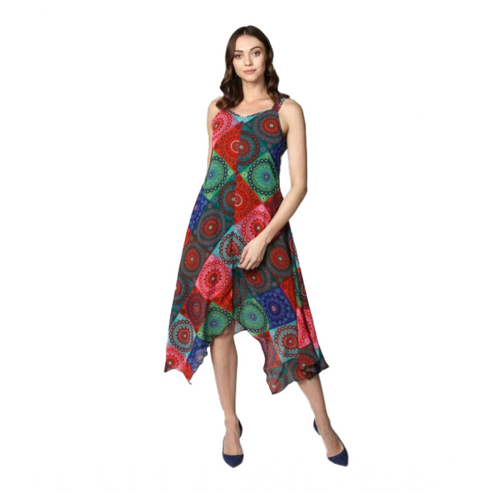 Women's polyester dress with asymmetrical shoulder straps and knee length