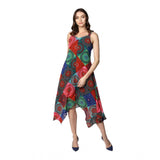 Women's polyester dress with asymmetrical shoulder straps and knee length