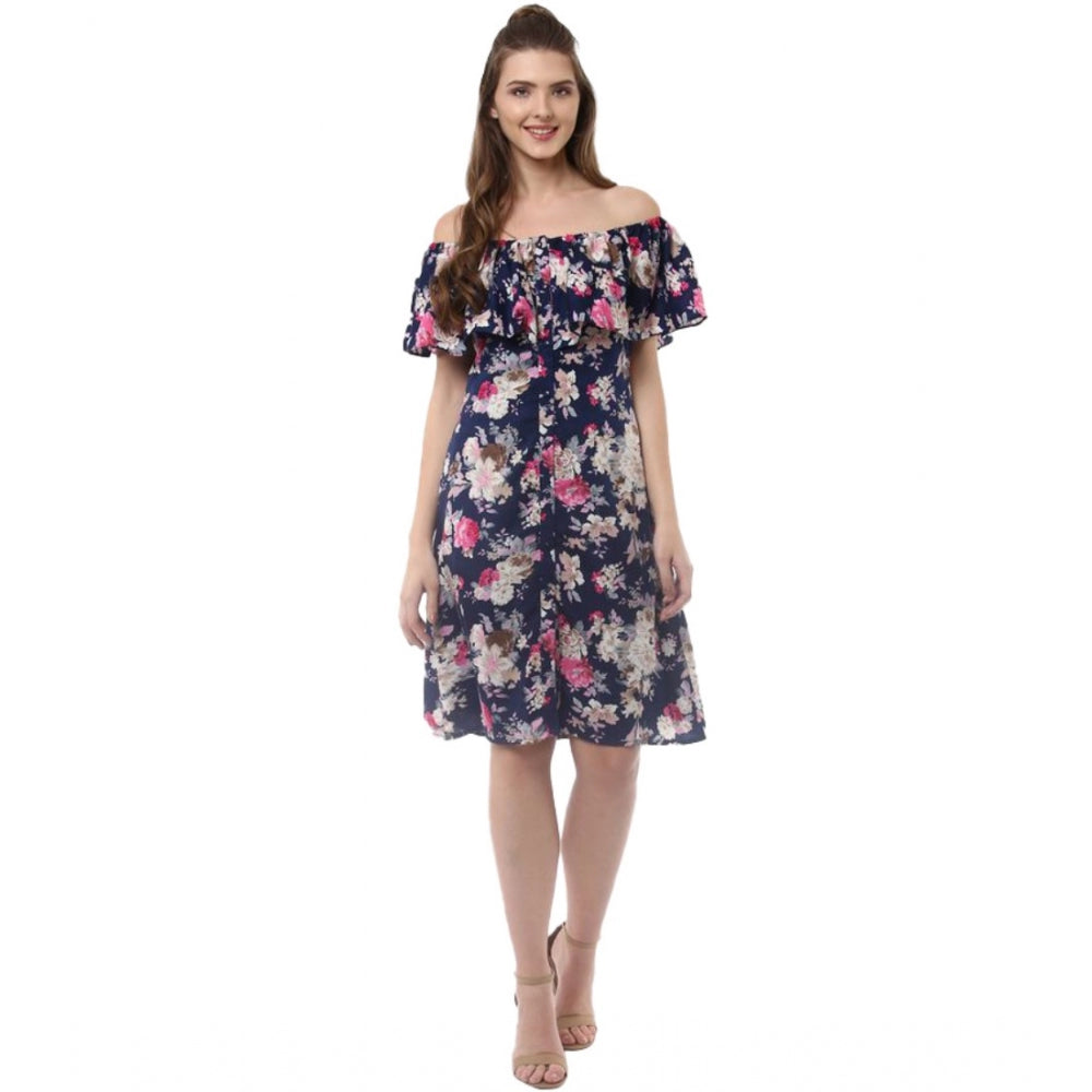 Navy blue polyester crepe halter neck midi dress with floral print, spaghetti straps
