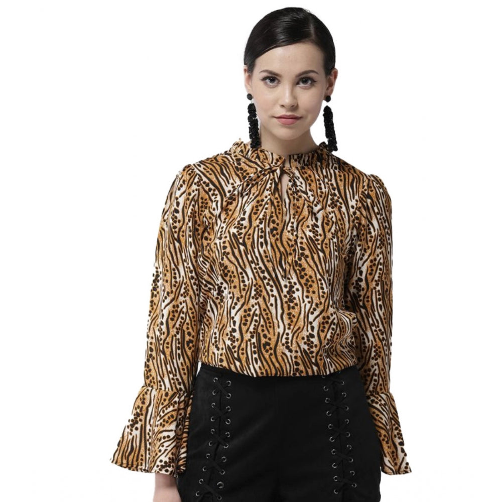 Women's orange and black printed polyester bell sleeve top with closed neck, vibrant pattern detail