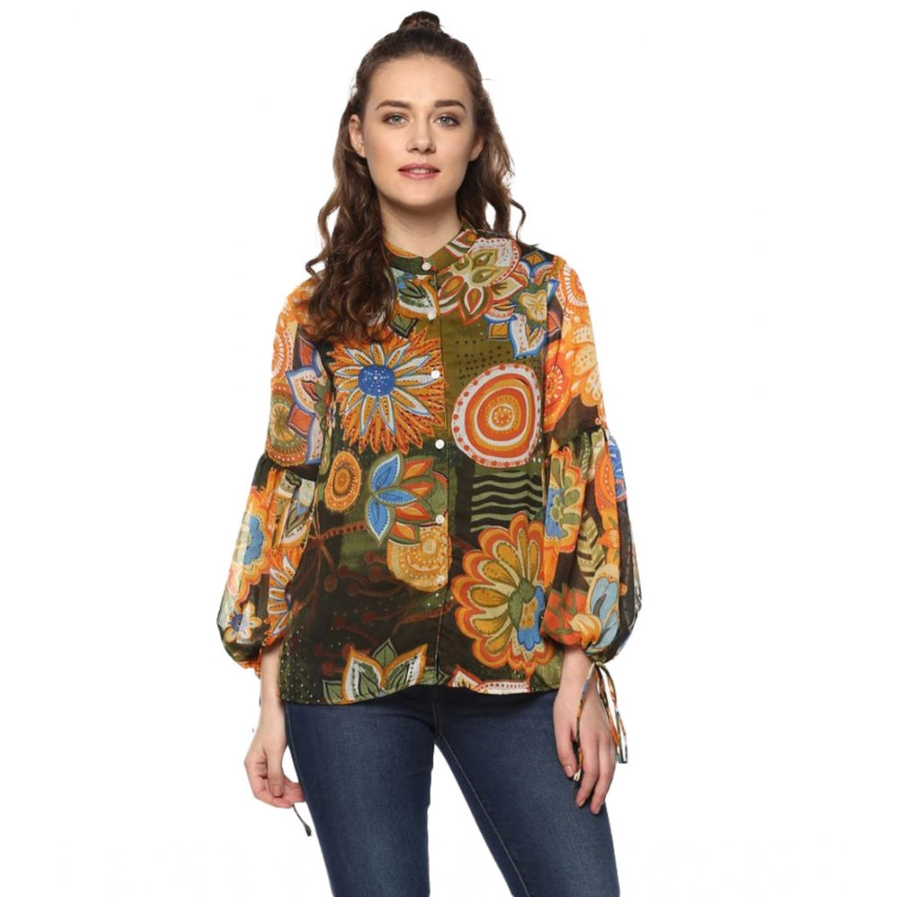Mustard and Olive Polyester Balloon Sleeve Top for Women, floral pattern on display