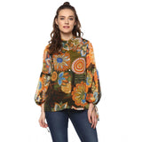 Mustard and Olive Polyester Balloon Sleeve Top for Women, floral pattern on display