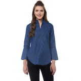 Blue Denim Women's Solid Bell Sleeve Regular Top - Solid denim, bell sleeve style on mannequin