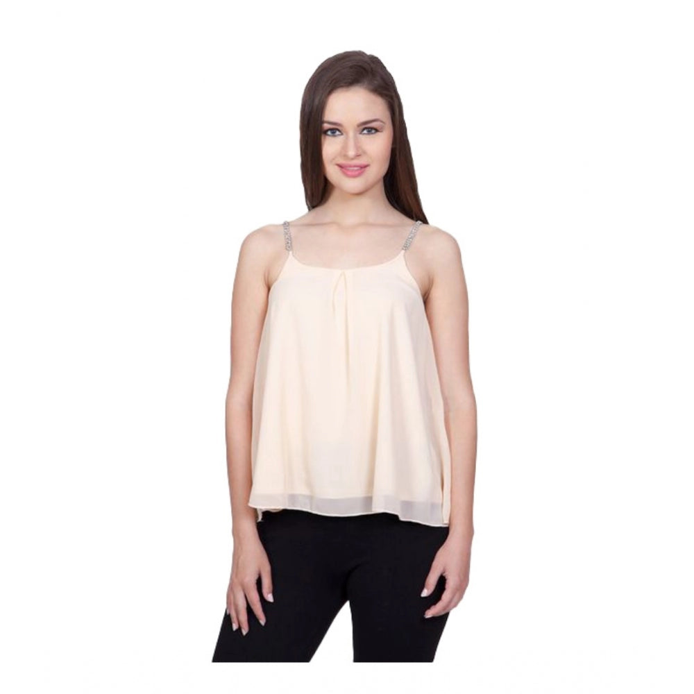 Beige polyester solid shoulder straps women's top, ideal for casual wear with round neck and regular length