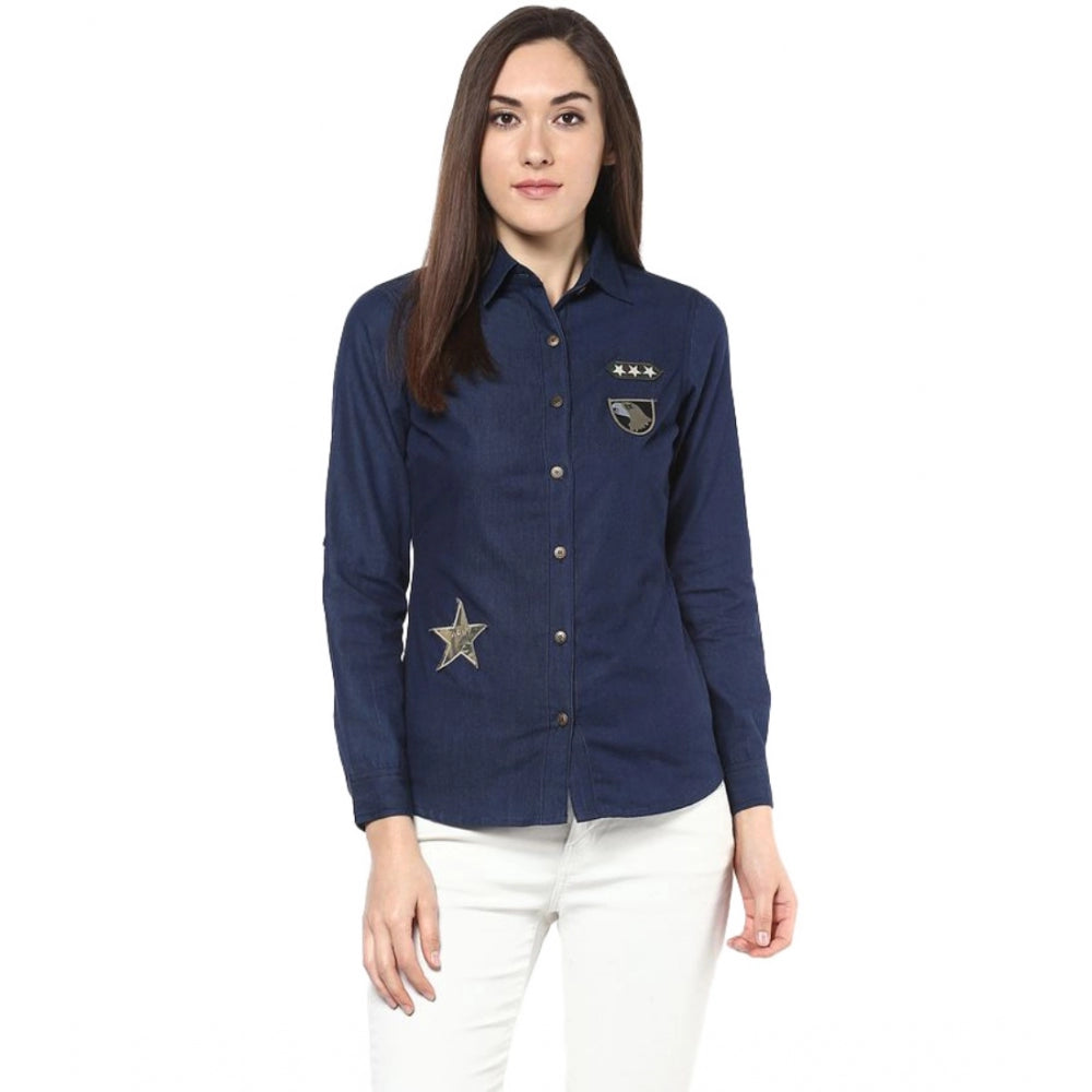 Blue denim patch work long sleeves shirt for women, standard length