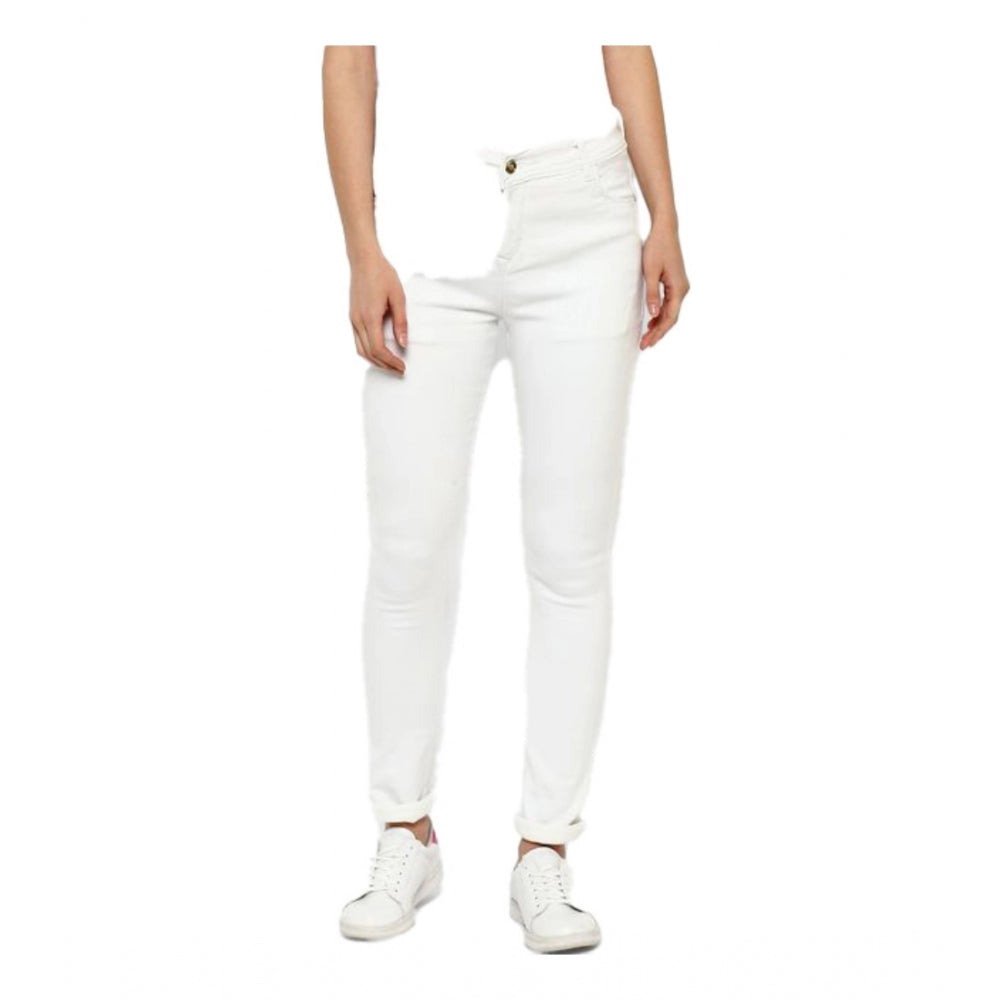 White denim solid buttoned jeans for women, ideal for casual wear