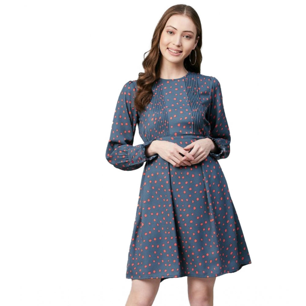 Grey long-sleeve dress with polka dots, knee-length, polyester material