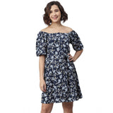 Polyester women's off-shoulder half-sleeve above knee dress in blue