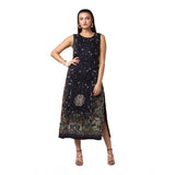Black rayon floral sleeveless calflength dress