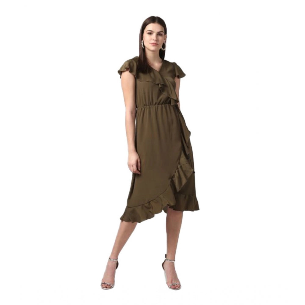 Olive green polyester knee-length cap sleeve dress with ruffles