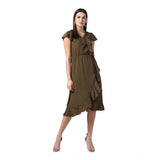 Olive green polyester knee-length cap sleeve dress with ruffles