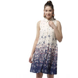 Women's polyester floral sleeveless above knee dress in cream